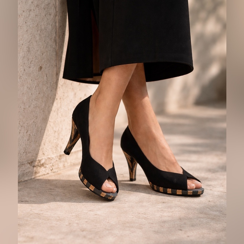 Peter Kaiser Black Suede Peep Toe Heels Cork Detail EU 38 US 7.5